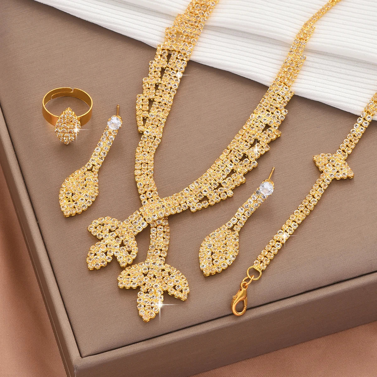 5PC Lotus Chain Necklace Earrings Bracelet Ring Set