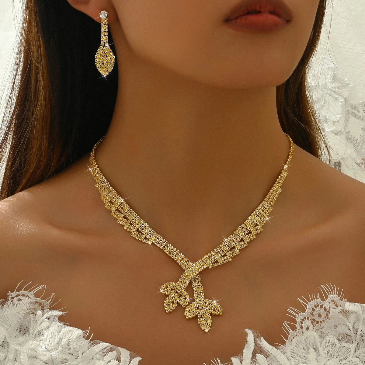 5PC Lotus Chain Necklace Earrings Bracelet Ring Set