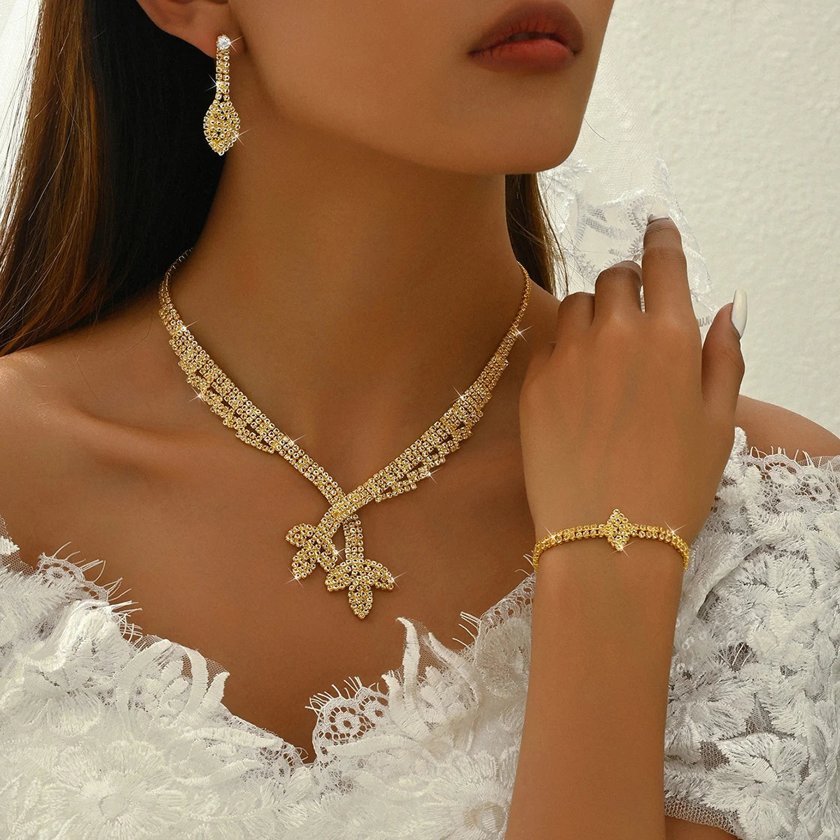 5PC Lotus Chain Necklace Earrings Bracelet Ring Set