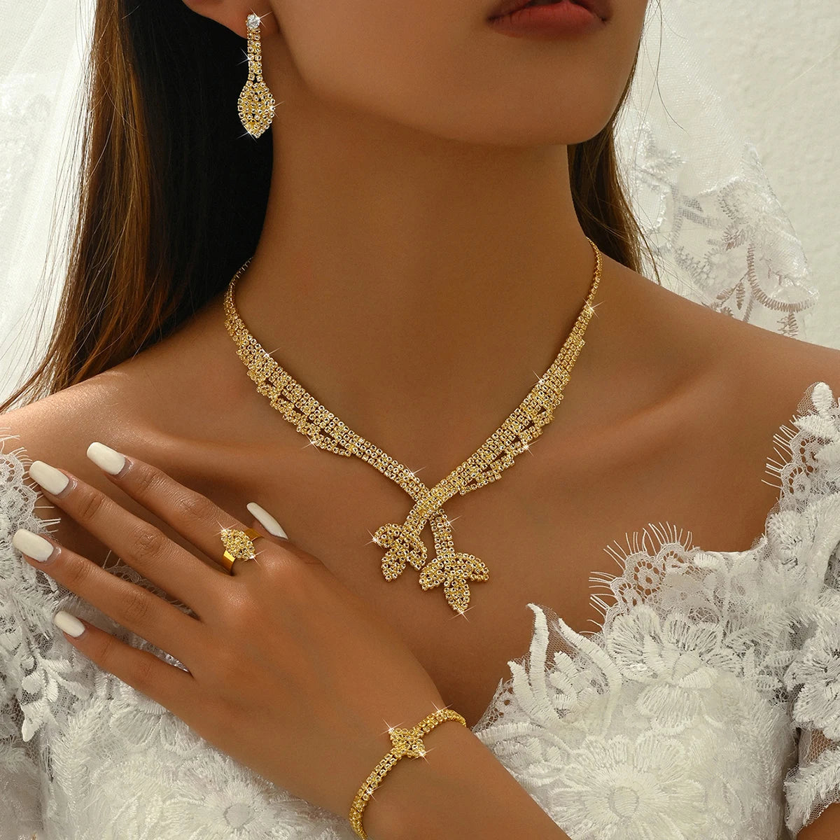 5PC Lotus Chain Necklace Earrings Bracelet Ring Set