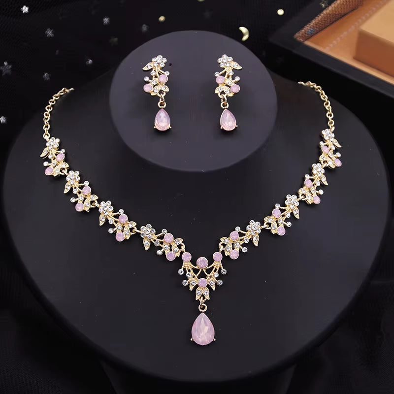 Exquisite Dangle Earrings and Necklace Set for Women Bridal Jewelry Set Rhinestone Flower Choker Necklace Set Party Wedding