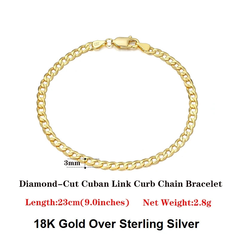 Cuban Link Curb Chain and Bracelets (18K GOLD PLATED 925 STERLING SILVER )